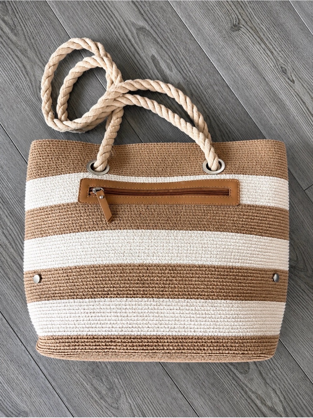 Pritzi Tan and White Striped Rope-Handle Tote